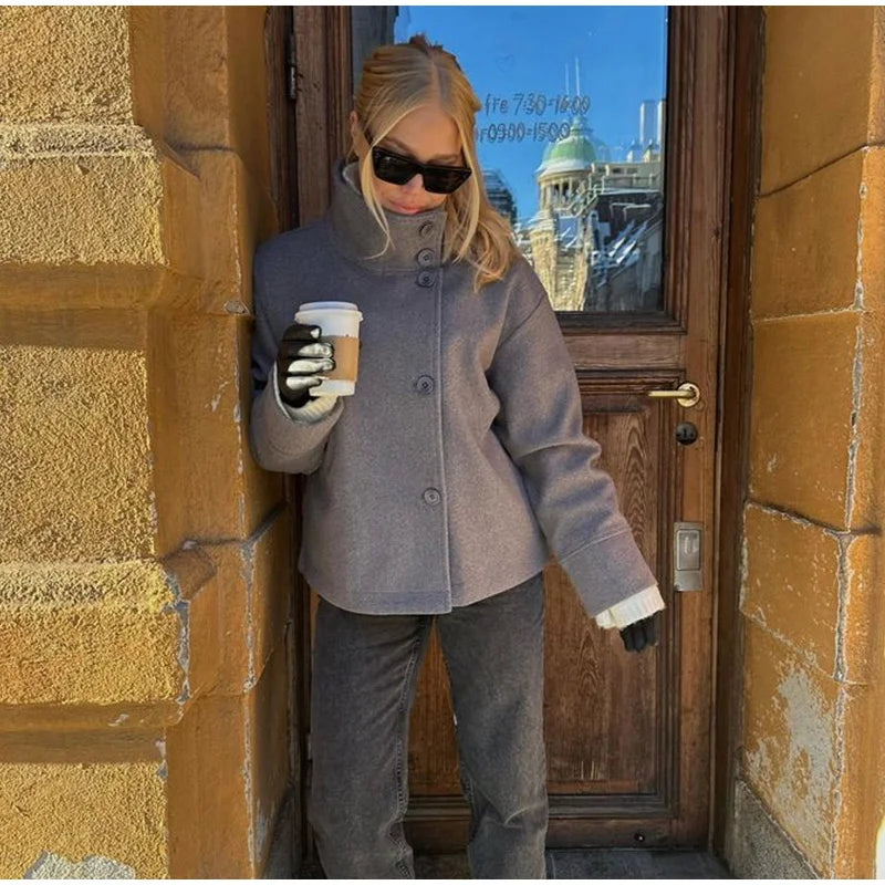 Stand Collar Women Winter Woolen Coats 2025 Spring Single Breasted Loose Female Long Sleeve Jacket Office Lady Street Short Coat