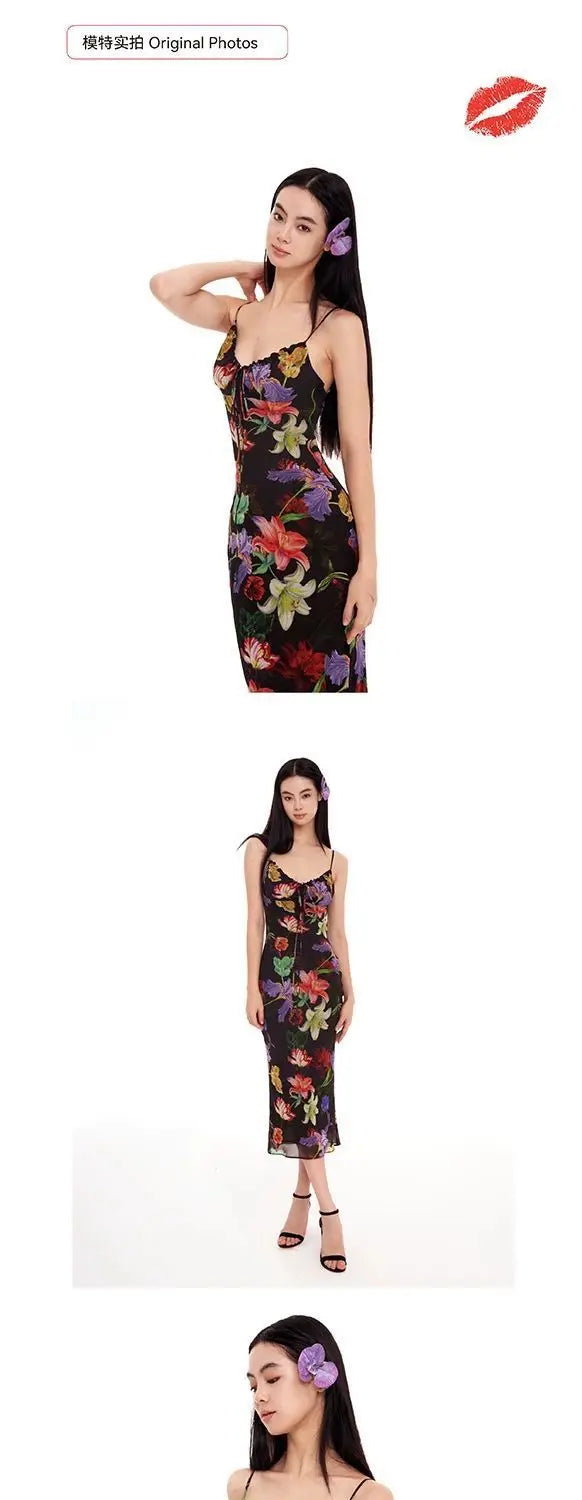 Black Tropical Maxi Dress 2025 Women Sleeveless Bodycon Mesh Dress Jungle Print Backless Evening Dress Dark Flora Aesthetic