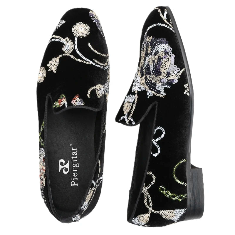 Piergitar Black And Grass Green Velvet With Handmade Classical Chinese Style Sequin Embroidery Men's Loafers Red Sole Moccasins