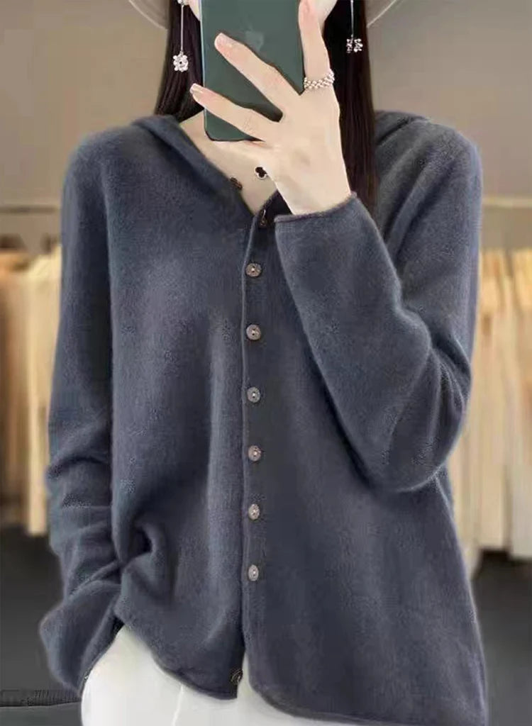 First Line 100% Merino Wool Knitted Cardigan Women's Autumn And Winter Hoodie Loose Sweater Fashionable Versatile Coat Top YC014