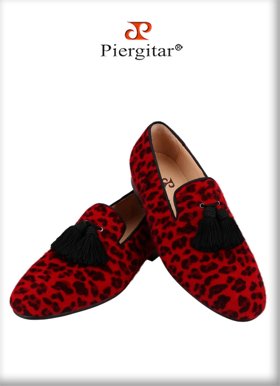 Piergitar Red And Black Animalier-Printed Superior Velvet Slippers With Handmade Silk Fringed Tassels Slip-On Men's Loafers