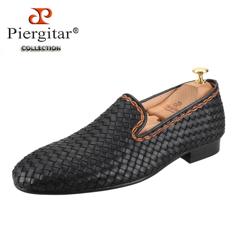 Piergitar Tricolour Woven Leather Slip-On Men's Loafers Around Hand-Braided Ropes Perfect Match Wedding And Party Suit Formal