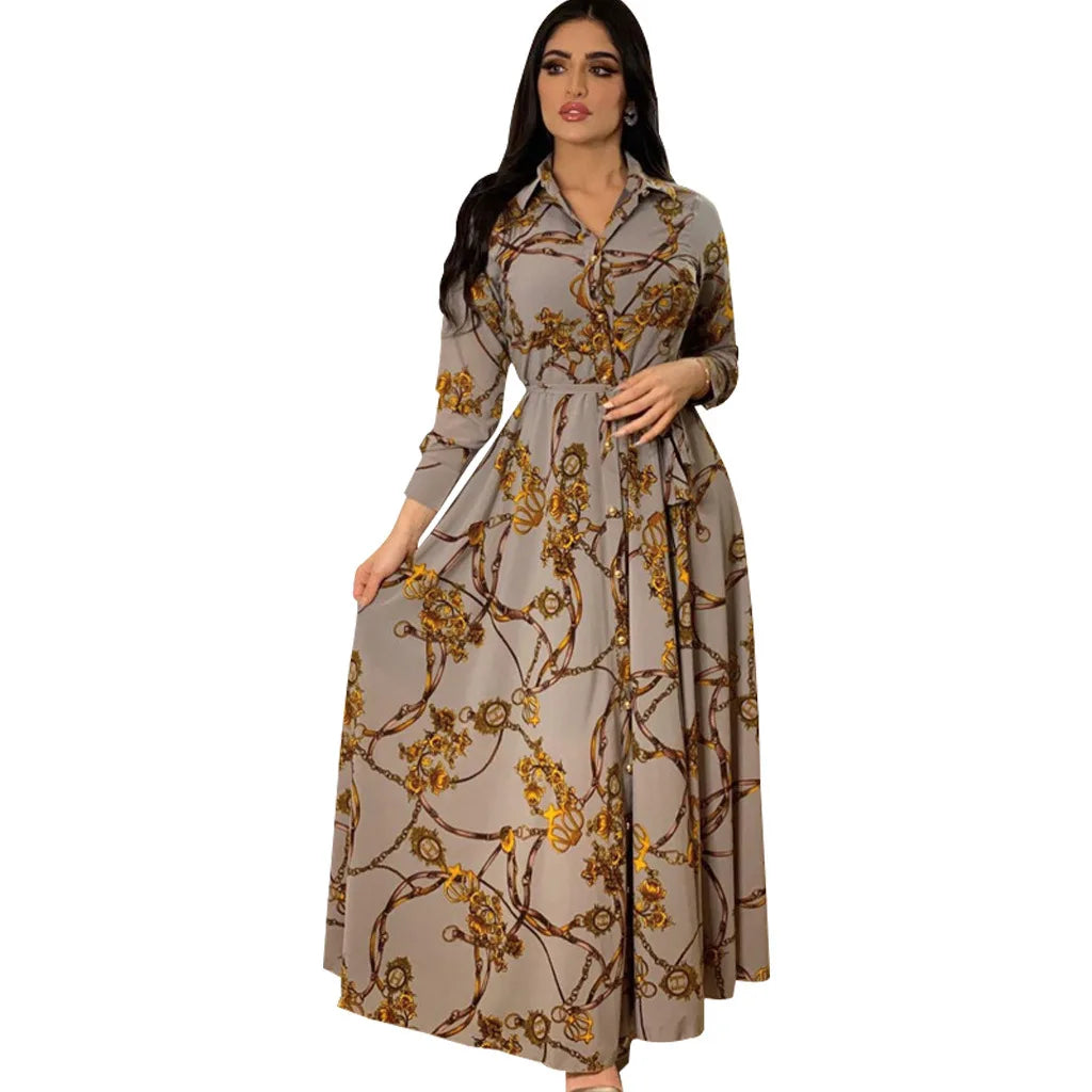 Digital Printed Single Breasted Long Dress Spring Autumn Women New Fashionable Women's Casual Long Sleeved Shirt Collar Dress