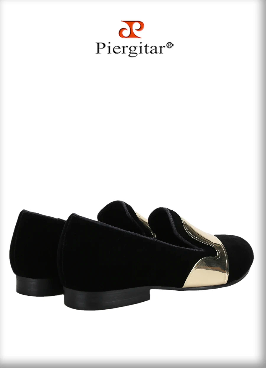 Piergitar Handmade Men Velvet Shoes With Across Gold Metal Buckles For Formal Suit Wear Fashion Party Slip-On Loafers Plus SIze