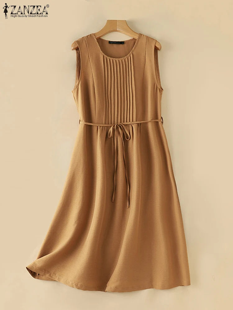 ZANZEA Women Round Neck A-lin Midi Dress Korean Casual Tank Robe Casual Solid Pleated Vestidos 2024 Summer Sleeveless Sundress