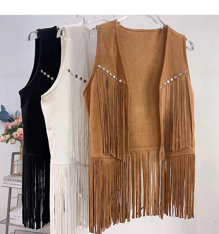 Retro Western Cowboy Style Soft Suede Tassel Vest Spring Autumn Sleeveless Cardigan Women Casual Waistcoat Sweetwear