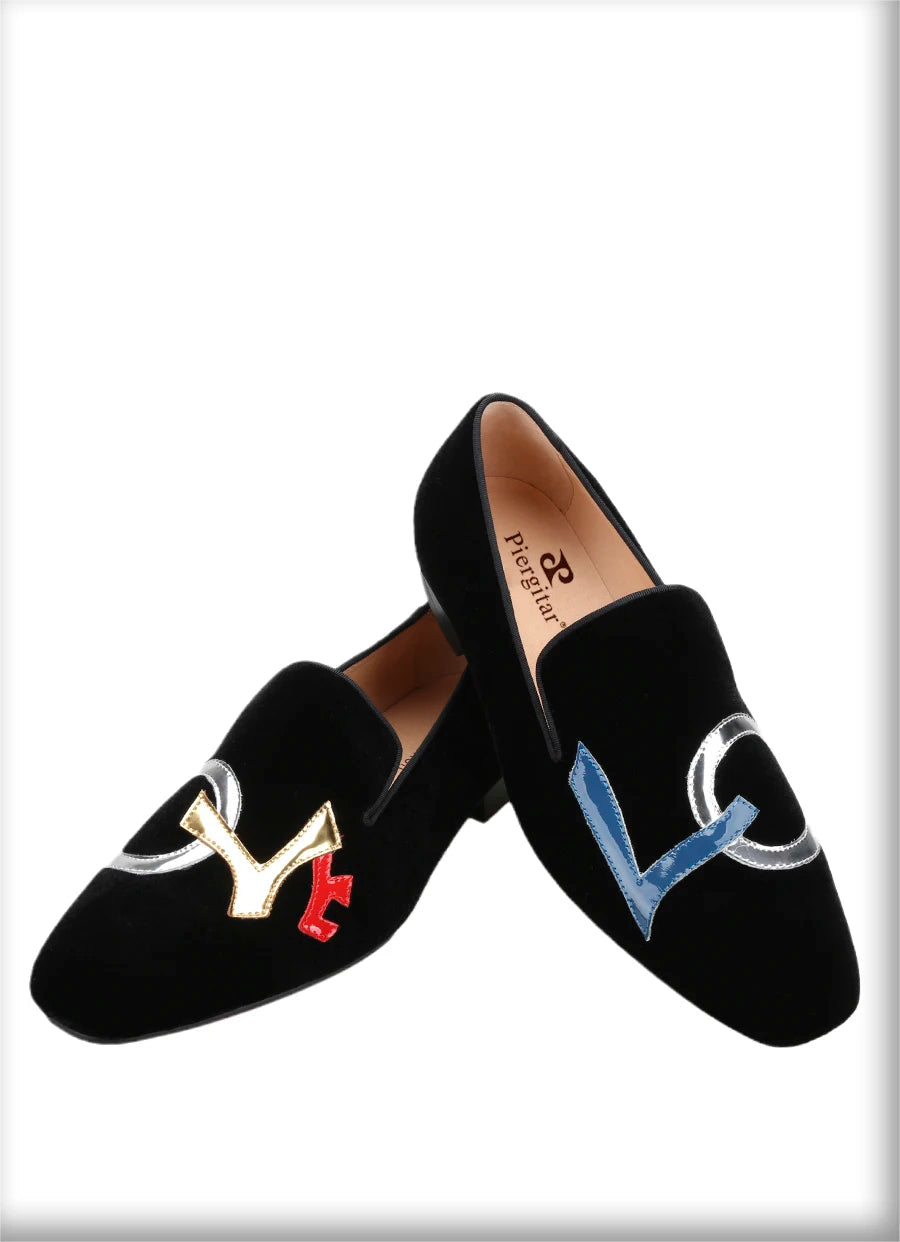 Handmade Black Velvet Shoes Featuring "LOVE", Leather Letters for Fashion Party CL Same Style Men's Loafers