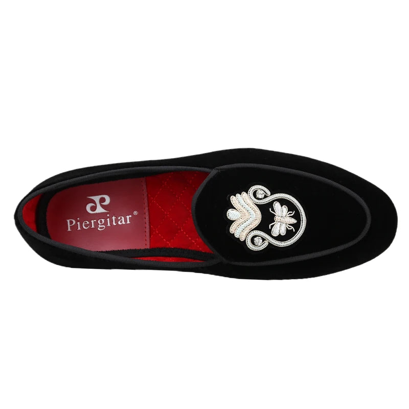 Black Velvet Men's Loafers with Embroidered Bee Rhinestone Patches and Red Outsole