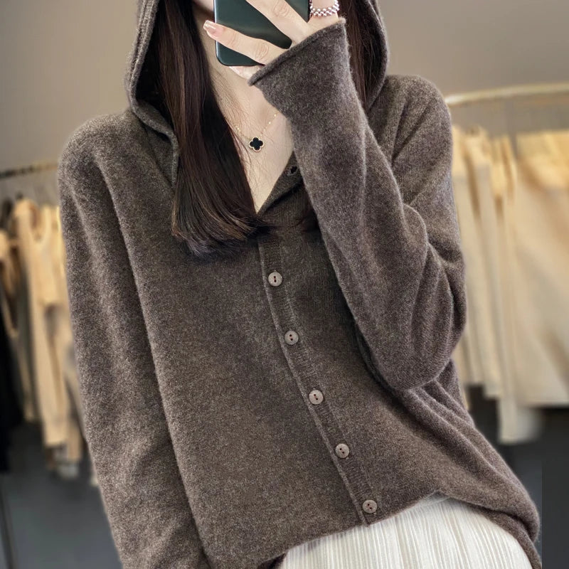 First Line 100% Merino Wool Knitted Cardigan Women's Autumn And Winter Hoodie Loose Sweater Fashionable Versatile Coat Top YC014