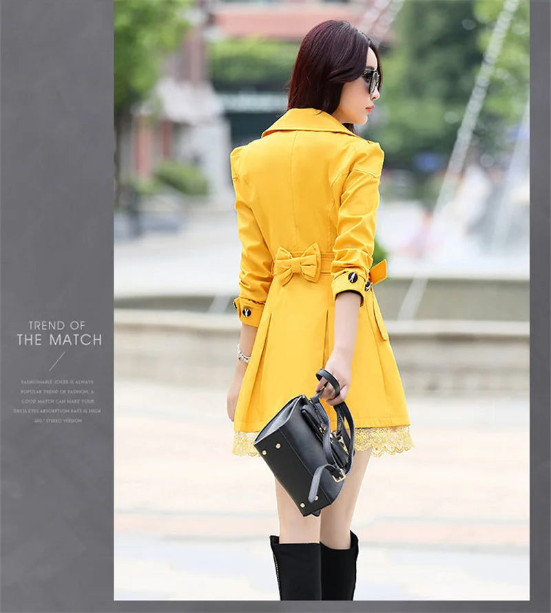 2025Spring Autumn New Windbreaker Coat Women Fashion Slim Mid Long Lace Trench Coat Female Casual Double-breasted Outerwear Tops