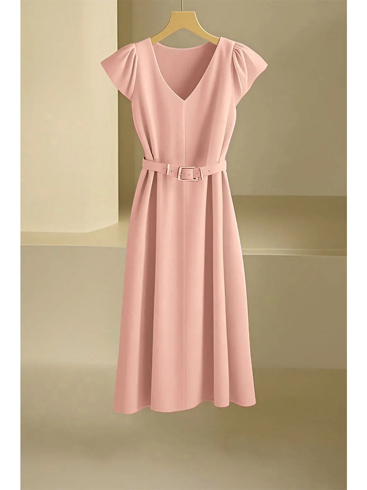 2024 Spring Summer Women's V-Neck Midi Dress Soft Stretch Office Casual Chic Solid Color No Belt Included
