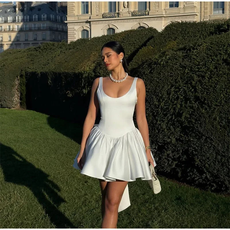 Elegant 3d Bow Backless White Mini Dress Women Fashion Sling A-line Pleated Vestidos Spring Summer Lady Party Evening Gown