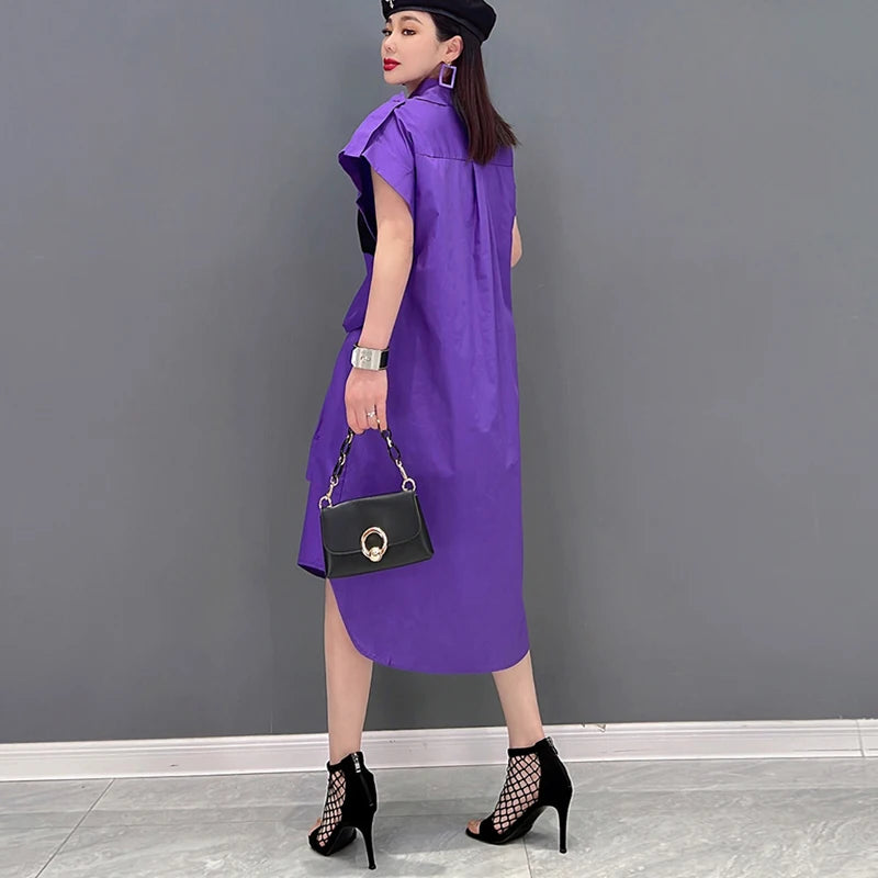 Extra Sleeves Decorated New 2025 Summer Korean Style Woman Purple Shirt Dress Loose Fit Chic Unique Big Size Casual Robe JKXD005