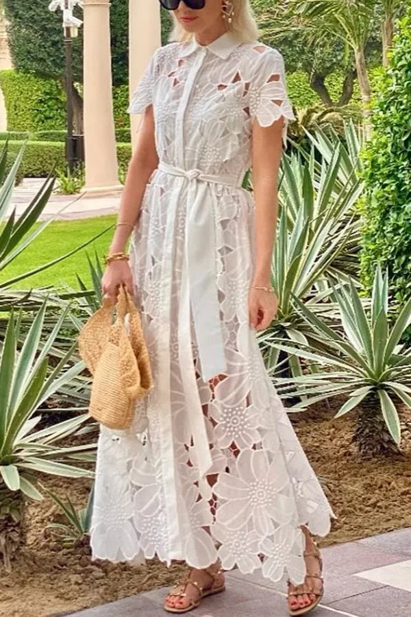 Women's Hollow Lapel Tie Up Lace Dress