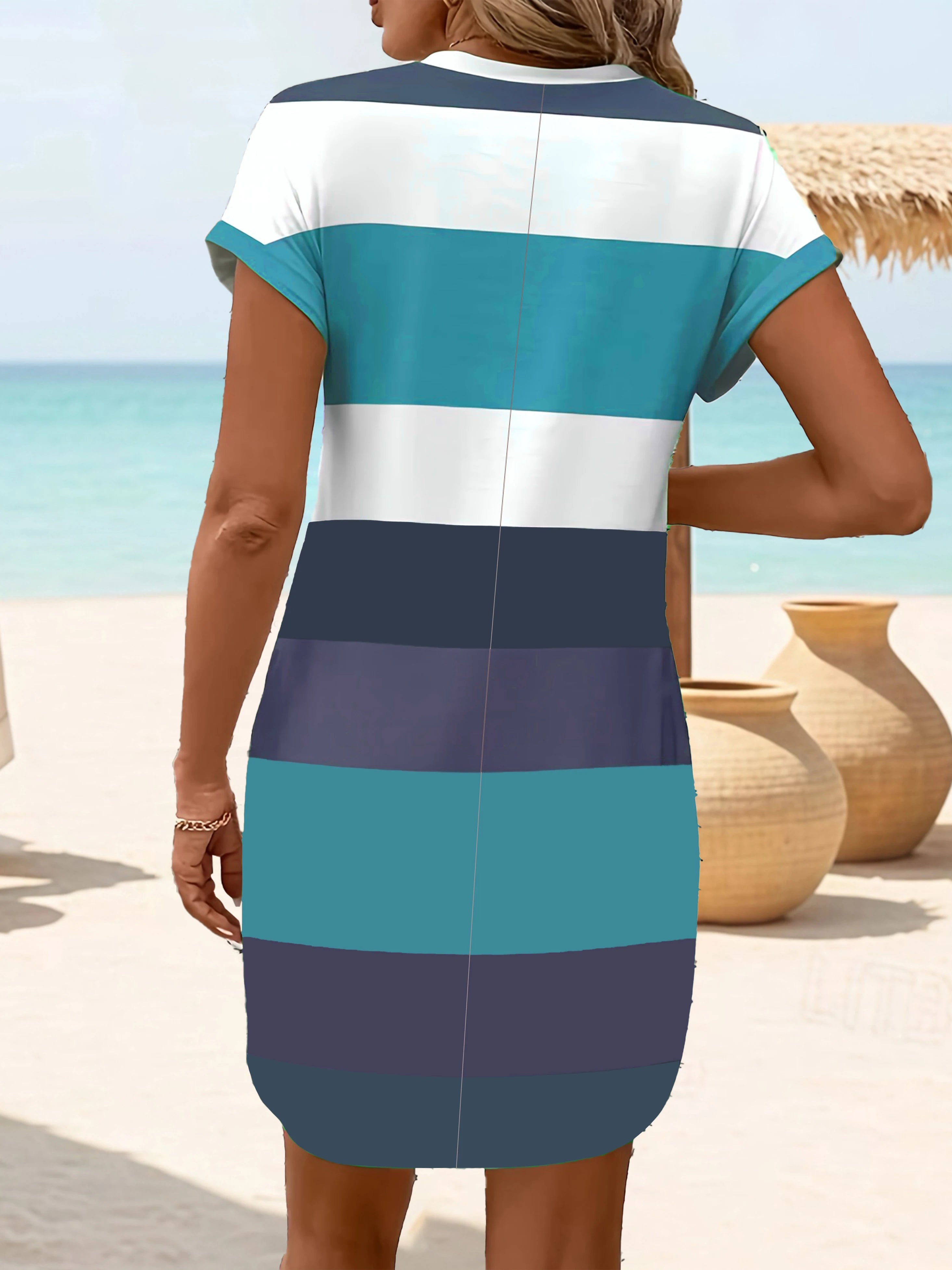 Chic Plus Size Dress: Elegant Stripes, Roll-Up Sleeves, Pockets - Comfortable & Casual Women's Dress