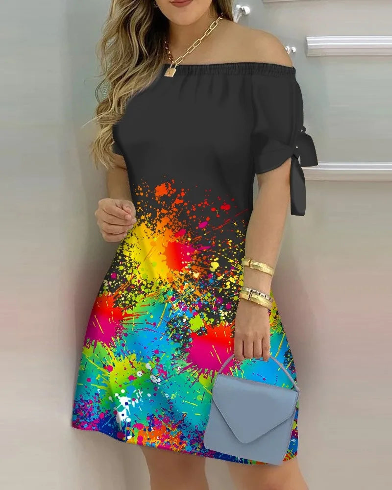 3XL Women's Casual Gradient Off Shoulder Short Sleeve Dress Bow Print Mini Dress