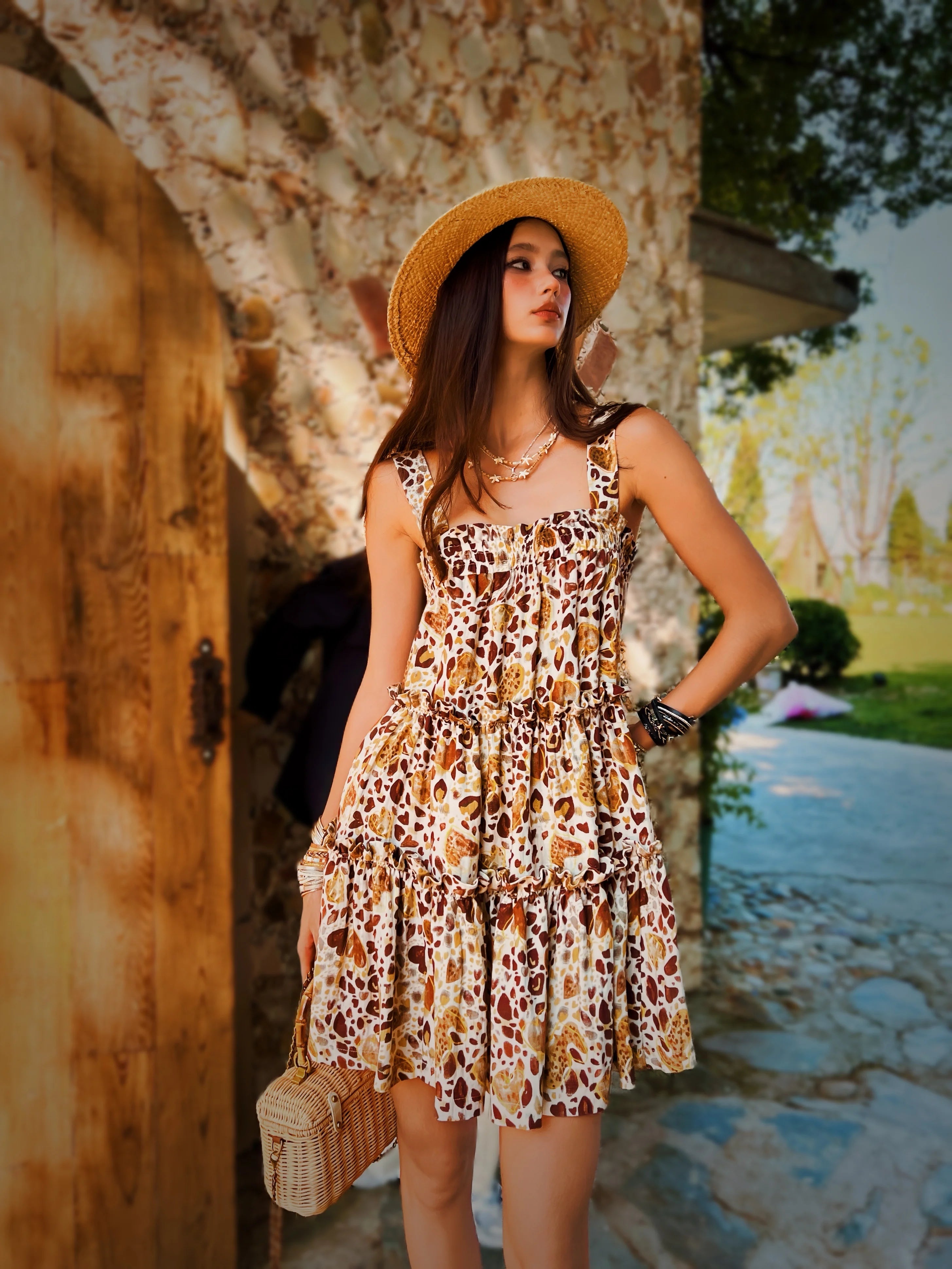 Summer Print Spaghetti Strap Dress Women's Dress Backless Long Camisole Dress Knee-Length Skirt Y2K 2025 New DABUWAWA DM2BDR002