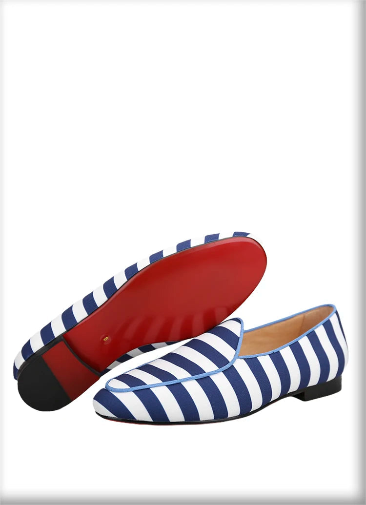 Red Bottom Male Slip-On Loafers With Blue And White Stripes Canvas For Prom And Party New Arrival