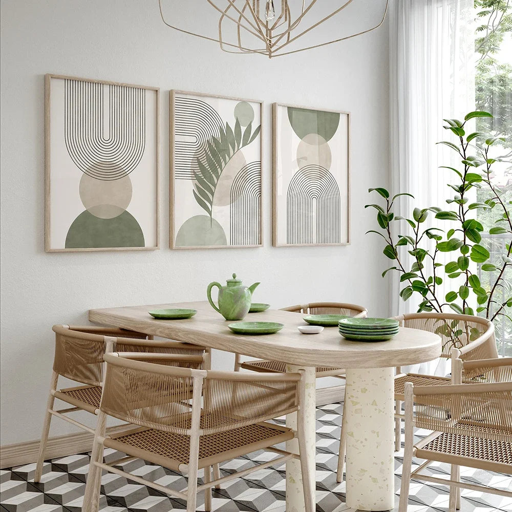 Sage Green Botanical Abstract Boho Geometry Wall Art