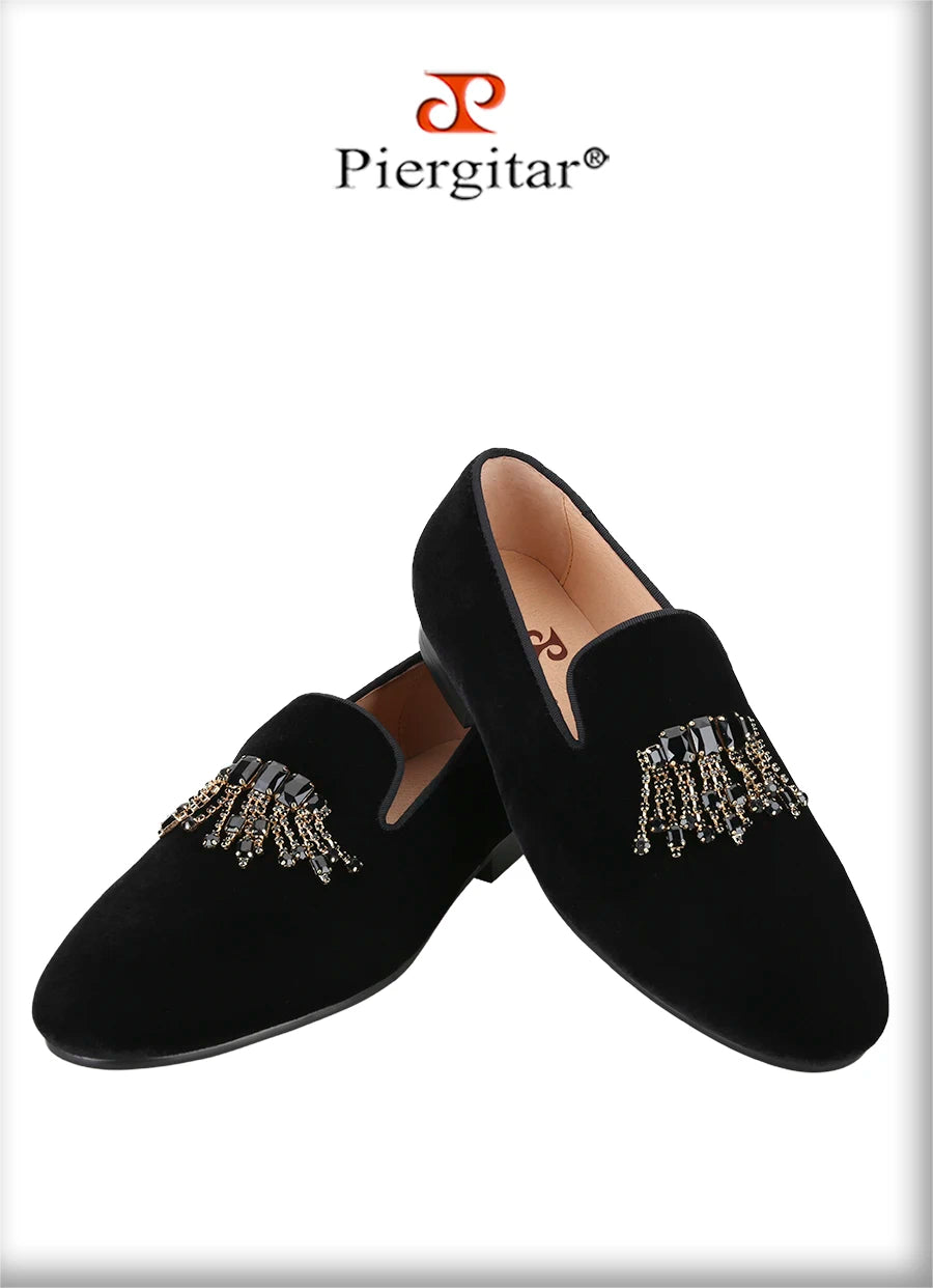 Piergitar Black Color Men Velvet Shoes With Handmade Rhinestones Buckle For Party And Wedding Classic Model Slip-On Loafers