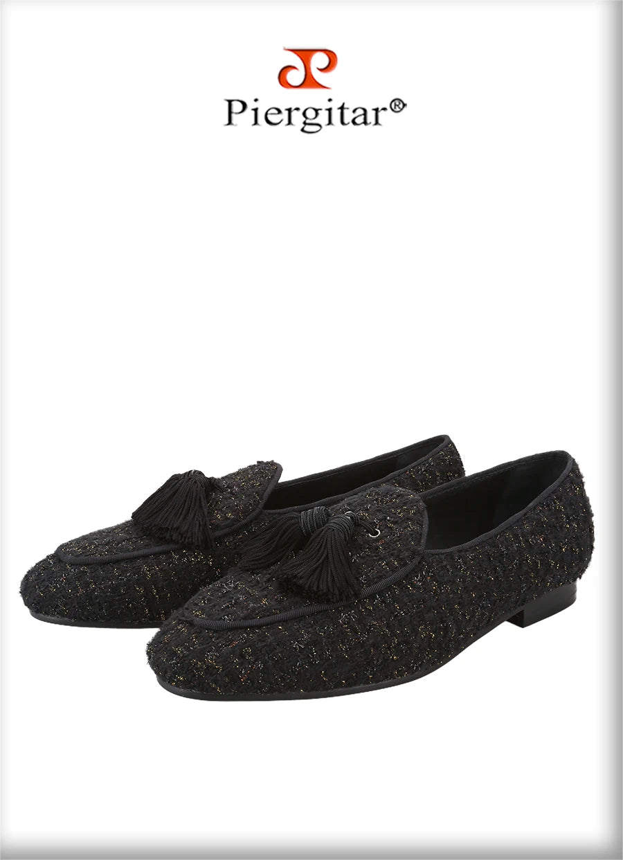 Piergitar 2025 White And Black Colors Tweed Men's Loafers With Handmade Tassels British Classic Style Slip-On Smoking Slippers