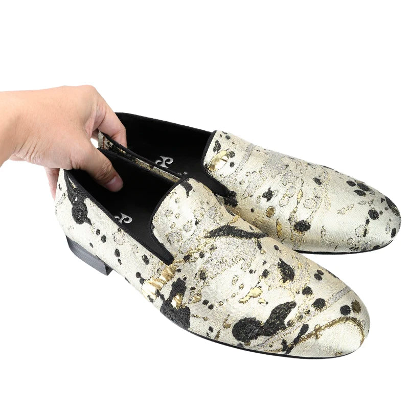 Piergitar Gold Color Ink Embossed Silk Men's Loafers Slip-On Model Handmade Moccasins For Wedding Breathable Leather Insole