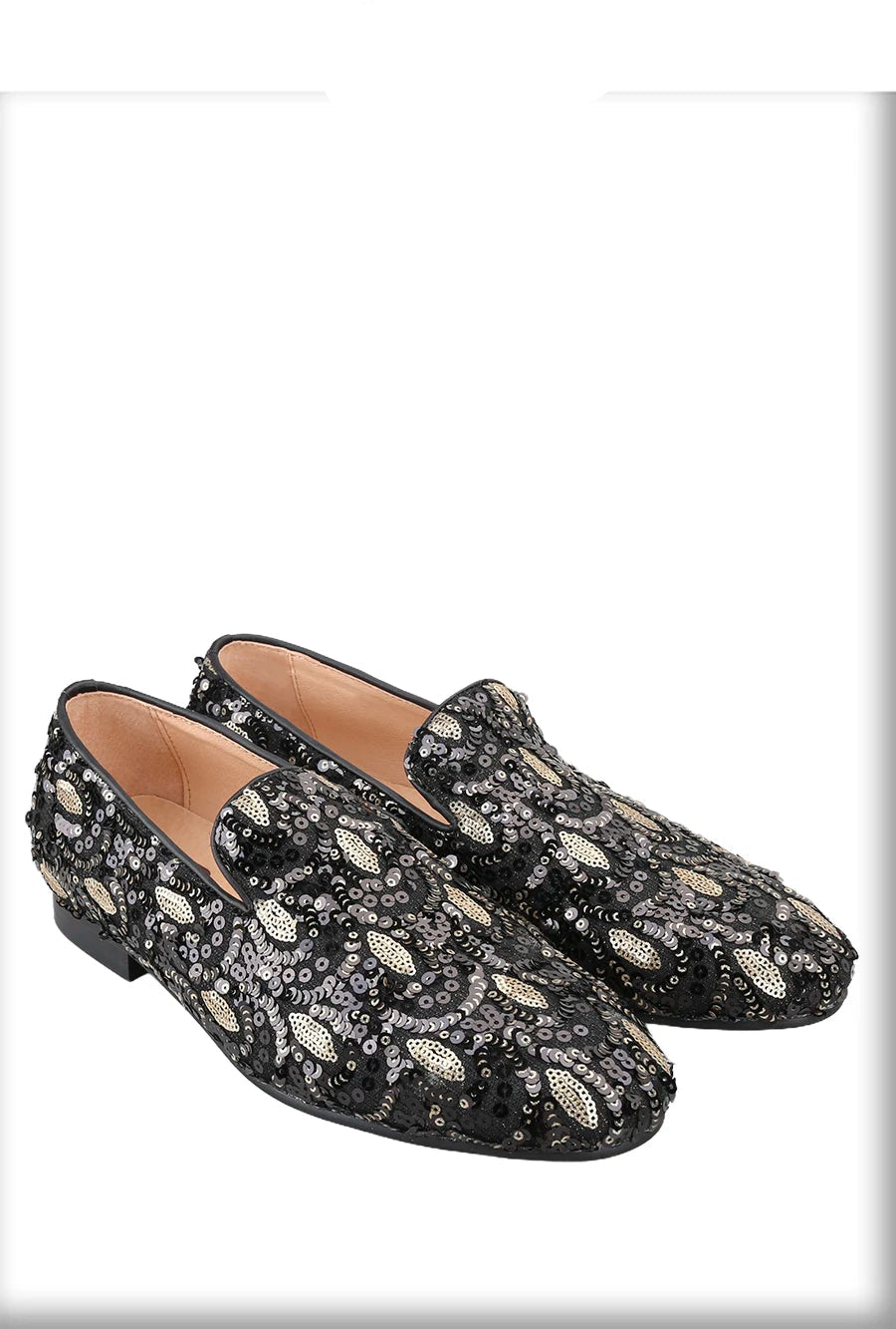 Mens smoking slippers handmade with leather insoles and gold and black glitter beads