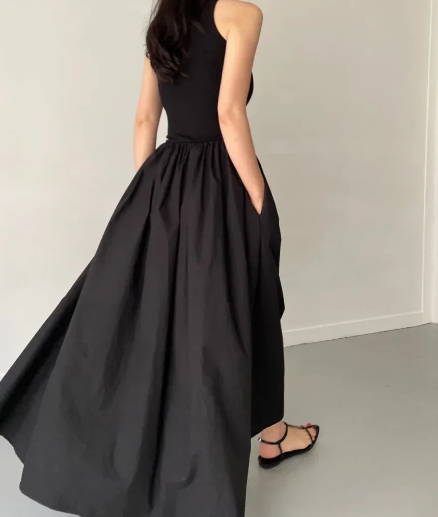 Simple Elegant Long Black Dresses For Woman Round Neck Sleeveless Low Waist