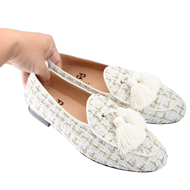 The British Classic style slip-on smoking slippers in White and Black Tweed with Handmade Tassels.