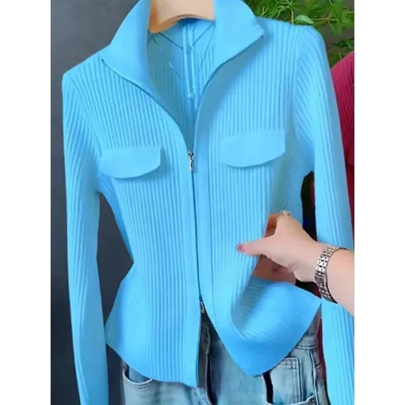 Spring Autumn Women Knitted Sweater Cardigan Short Jacket 2025 New Korean Fashion Zipper Solid Turn-Down Knit Coat Female Tops