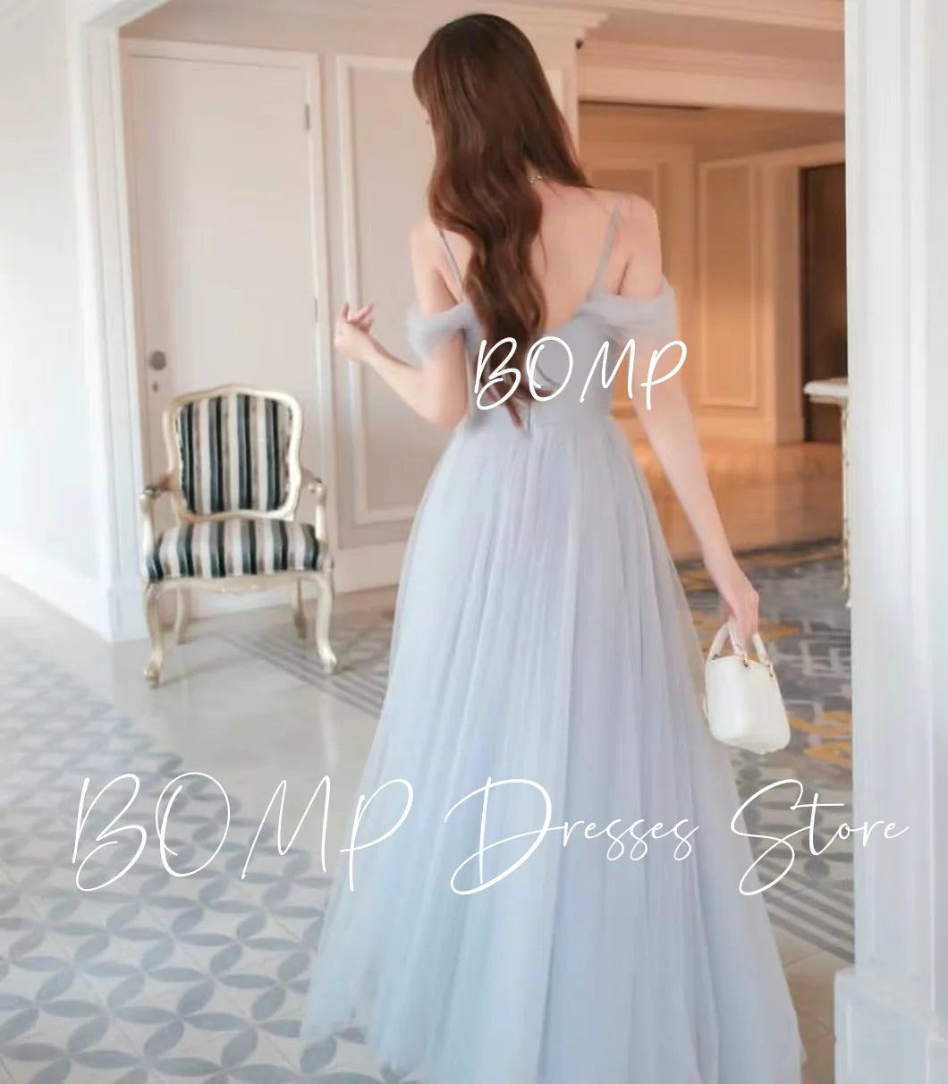 BOMP Princess Grey Korea Wedding Party Dress Sweetheart Off Shoulder Draped Tulle Special Occasion Birthday Gown Customized