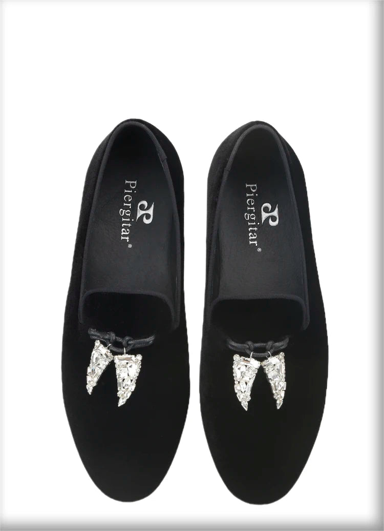 Black Velvet Men's Loafers with Clear Crystal Tassels, Handmade Man Moccasins for Party and Banquet Plus Size
