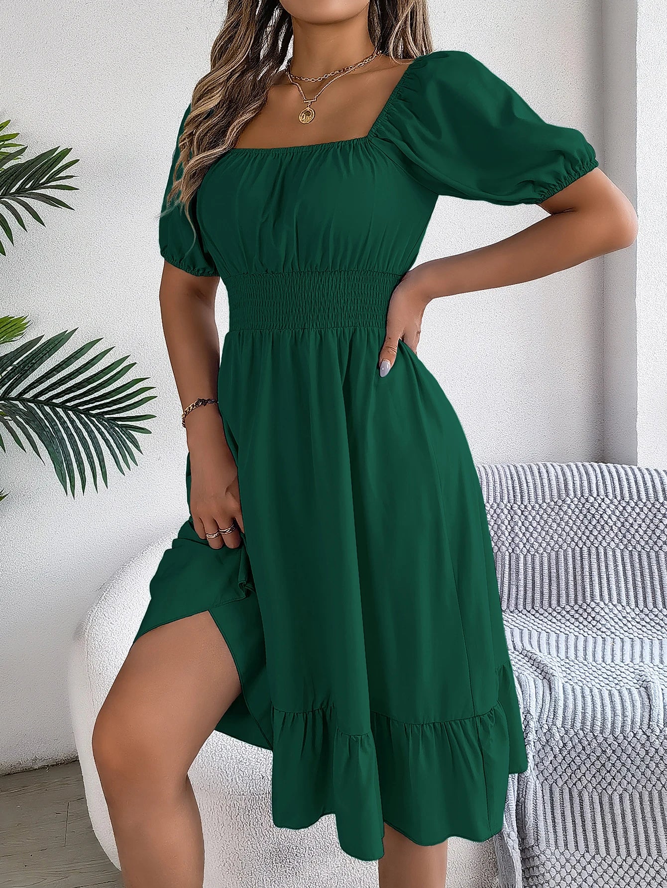 2024 New Fashion Solid Puff Sleeve Square Neck Ruched Bust Ruffle Hem Wasit Dress, Women's Clothing