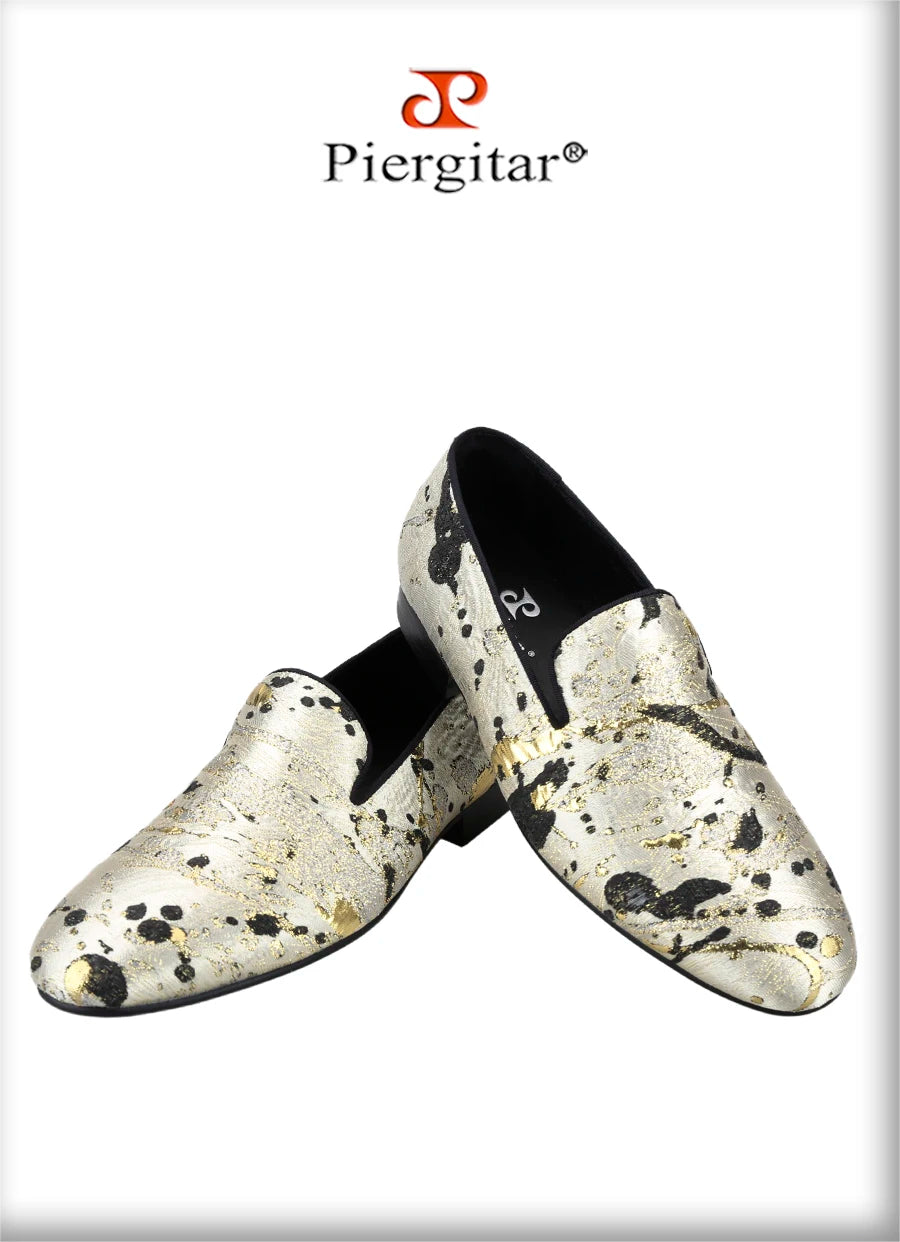 Piergitar Gold Color Ink Embossed Silk Men's Loafers Slip-On Model Handmade Moccasins For Wedding Breathable Leather Insole