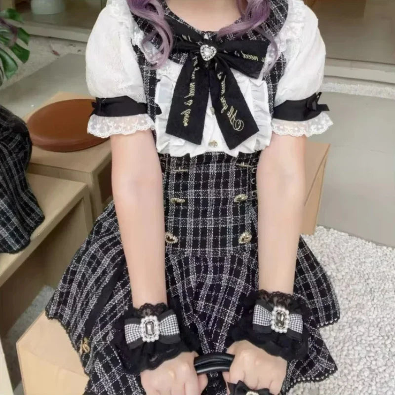 Y2k Aesthetic Lolita Style Bow Dress Shorts Set Japanese Women Gothic Lace Flare Sleeve Button Shirt Dress Punk Party Mini Dress