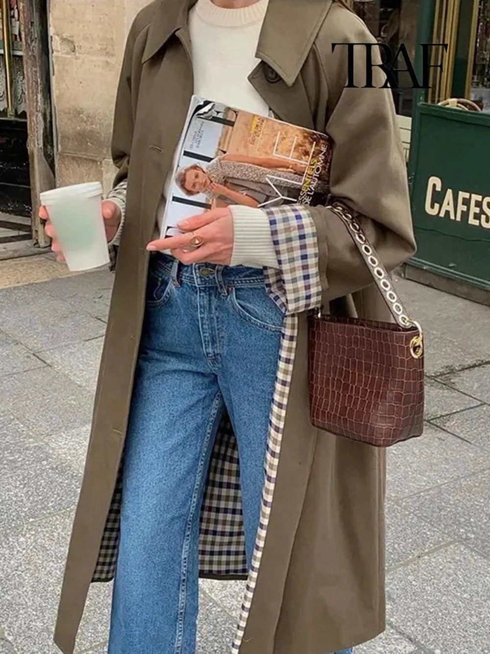 TRAF Women's Fashion Long Trench Coat Retro Loose Single-breasted Coat Autumn and Winter Lapel High Street Temperament Coat