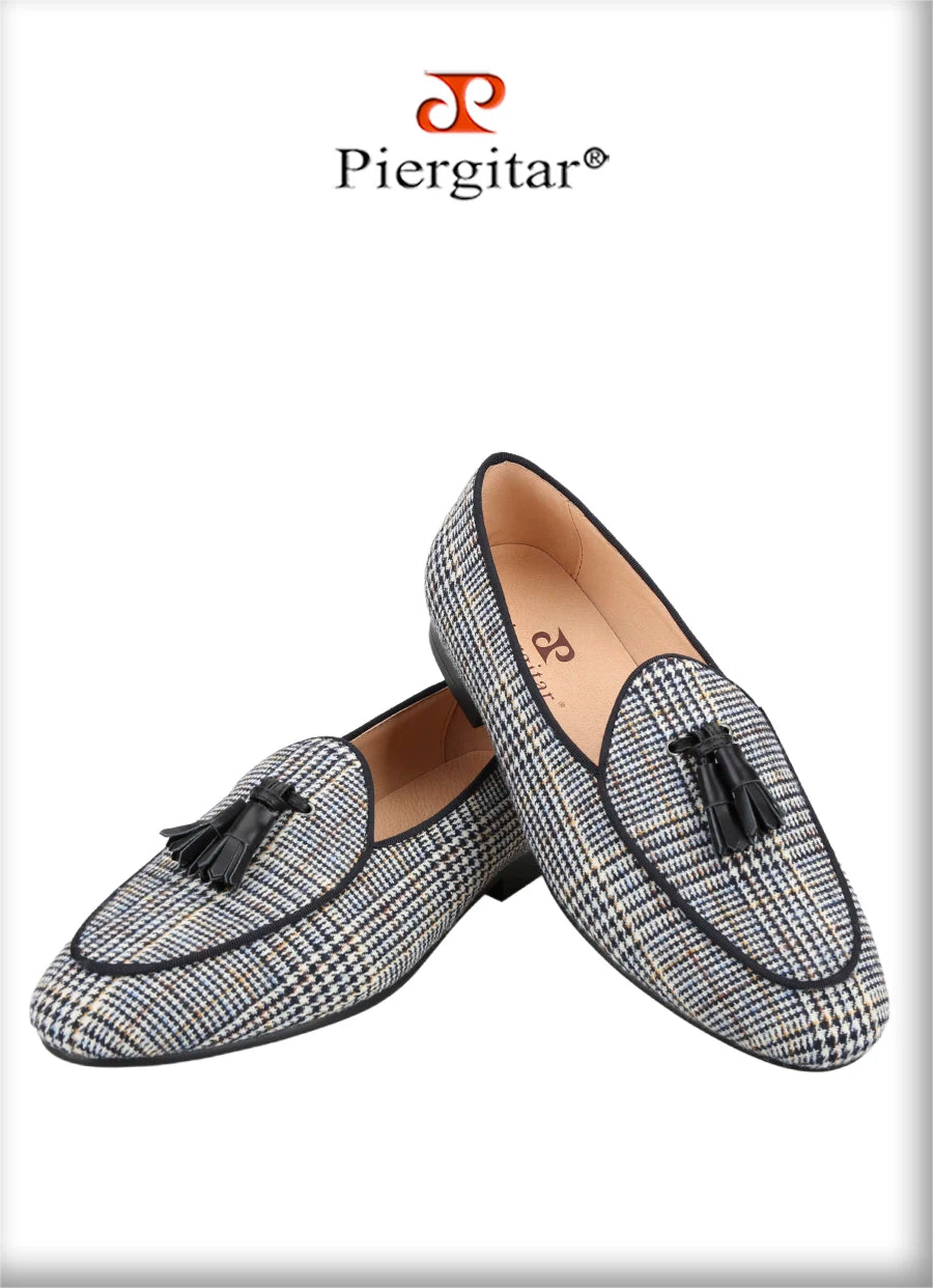 Piergitar Gray Color Gingham Cotton Men's Loafers With Leather Tassels Fashion Party Handmade Smoking Slippers Slip-On Flats