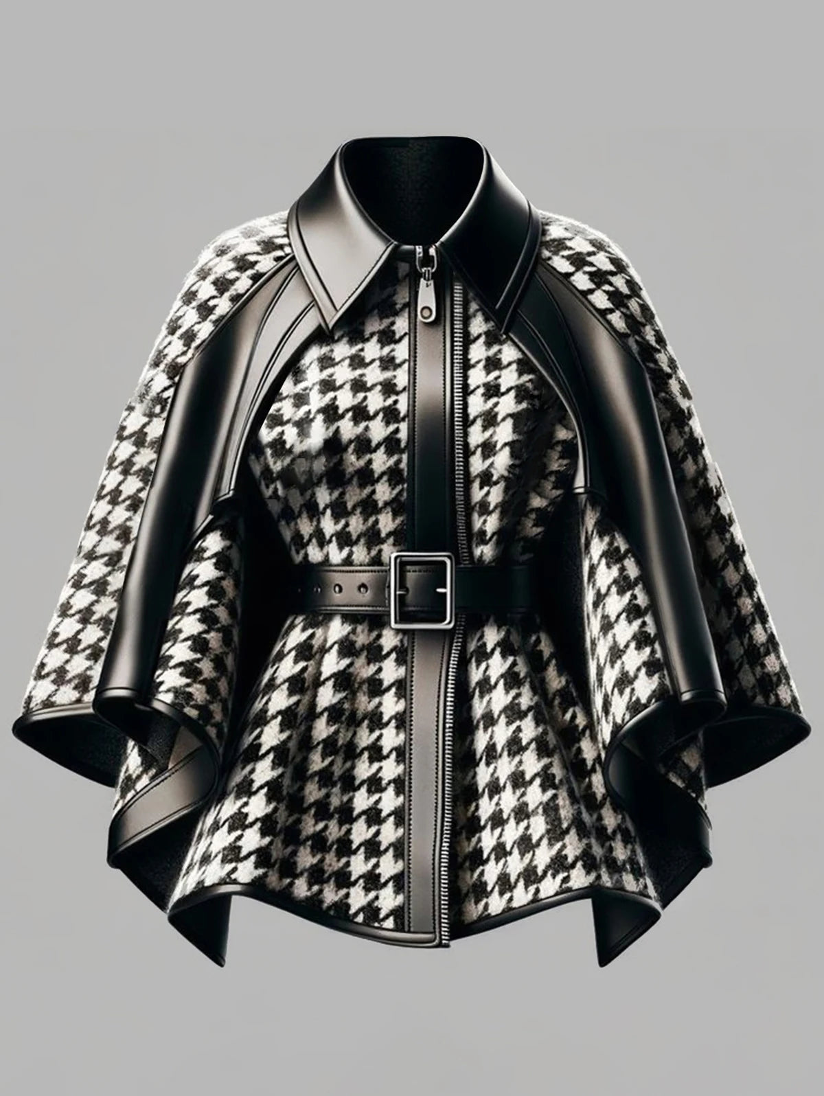 Houndstooth Pattern Women'S Jacket Asymmetrical Cape Sleeves Fashionable Harajuku Street Style Zipper Loose Jacket
