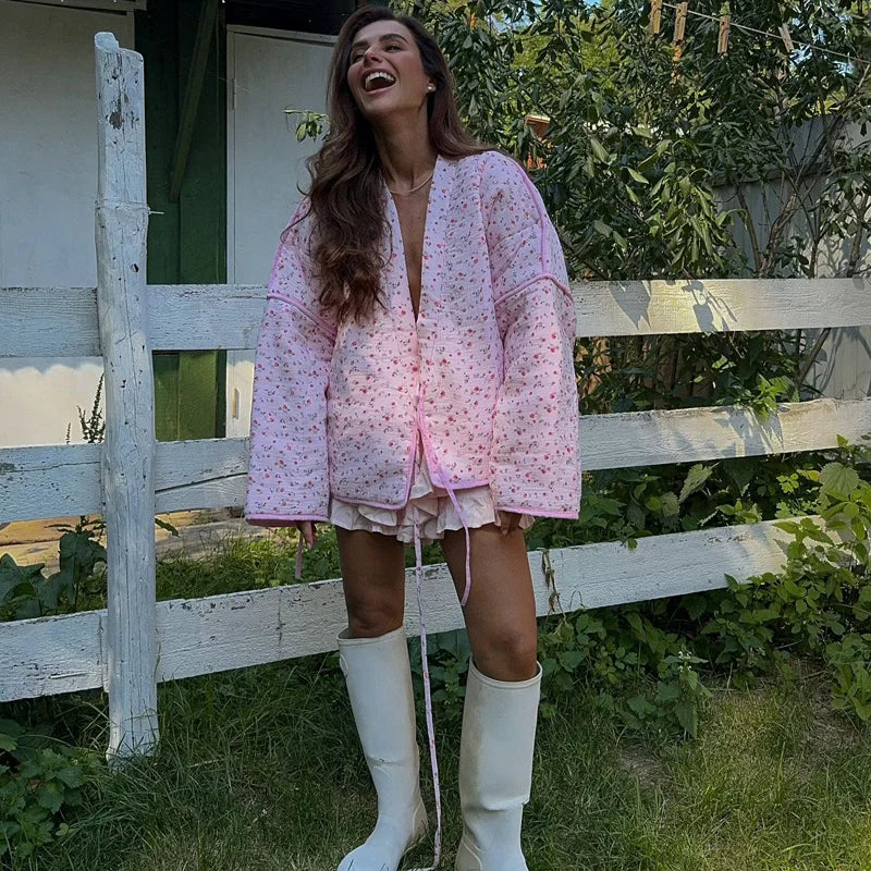 Floral Printed Women's Cardigan Cute Lace up Pink Women Coat Casual Loose Autumn Warm Coats Fashion New Ladies Coats Outerwear