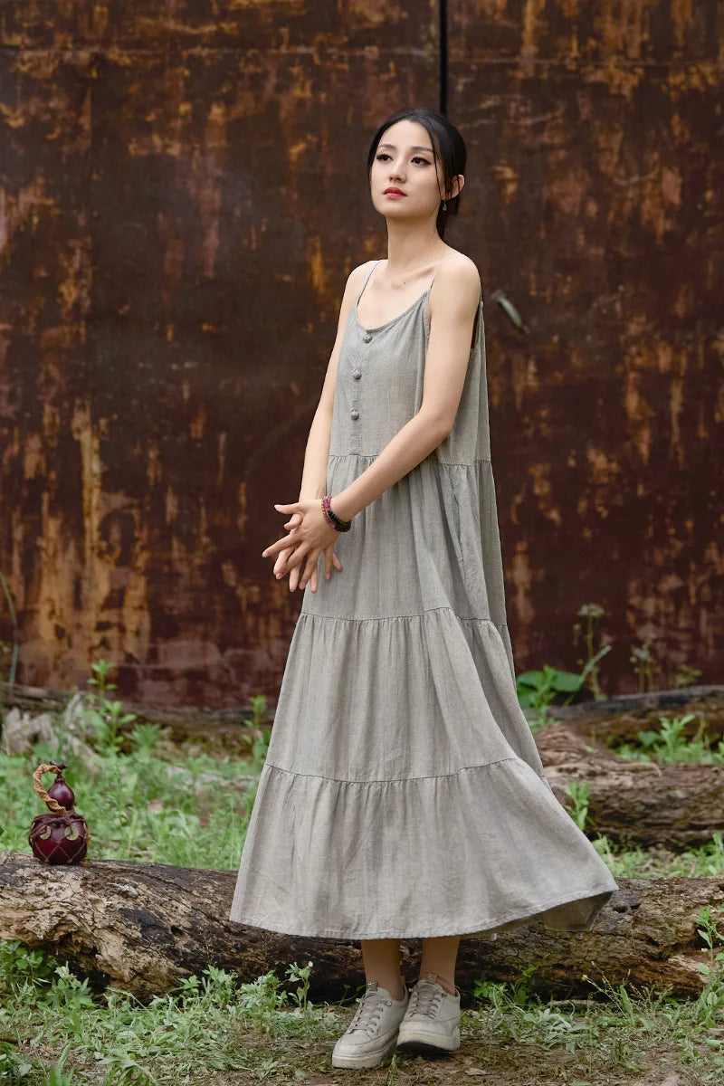 Cotton Linen Long Spaghetti Strap Dress