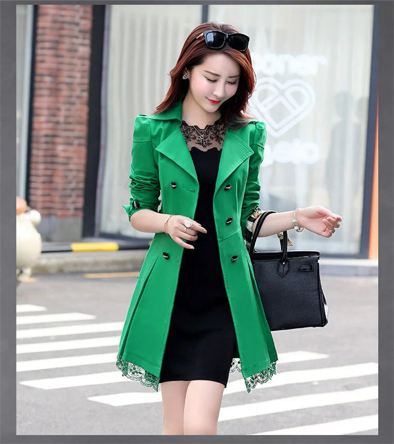 2025Spring Autumn New Windbreaker Coat Women Fashion Slim Mid Long Lace Trench Coat Female Casual Double-breasted Outerwear Tops