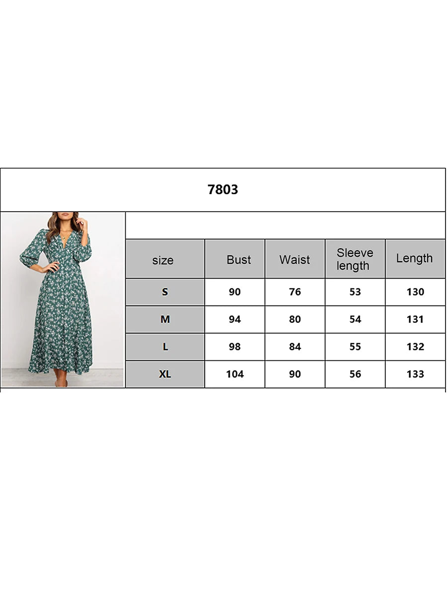 Women's Summer Bohemian Floral Print Long Maxi Dress Retro 3/4 Sleeve V-Neck Button Down High Waist Sundress Streetwear