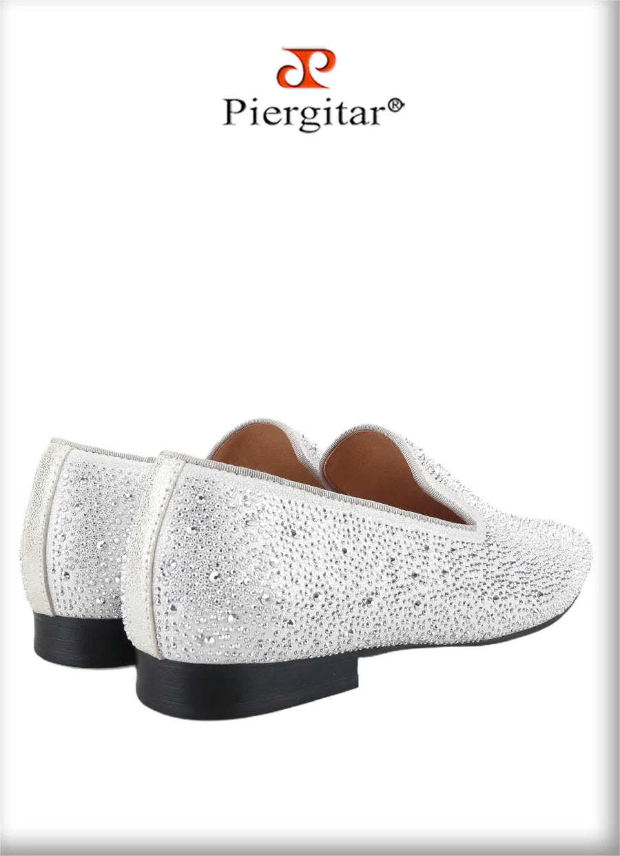 Piergitar Sliver Genuine Leather Men's Loafers With Handmade Bright And Shiny Rhinestones For Fashion Party/Banquet Red Bottom