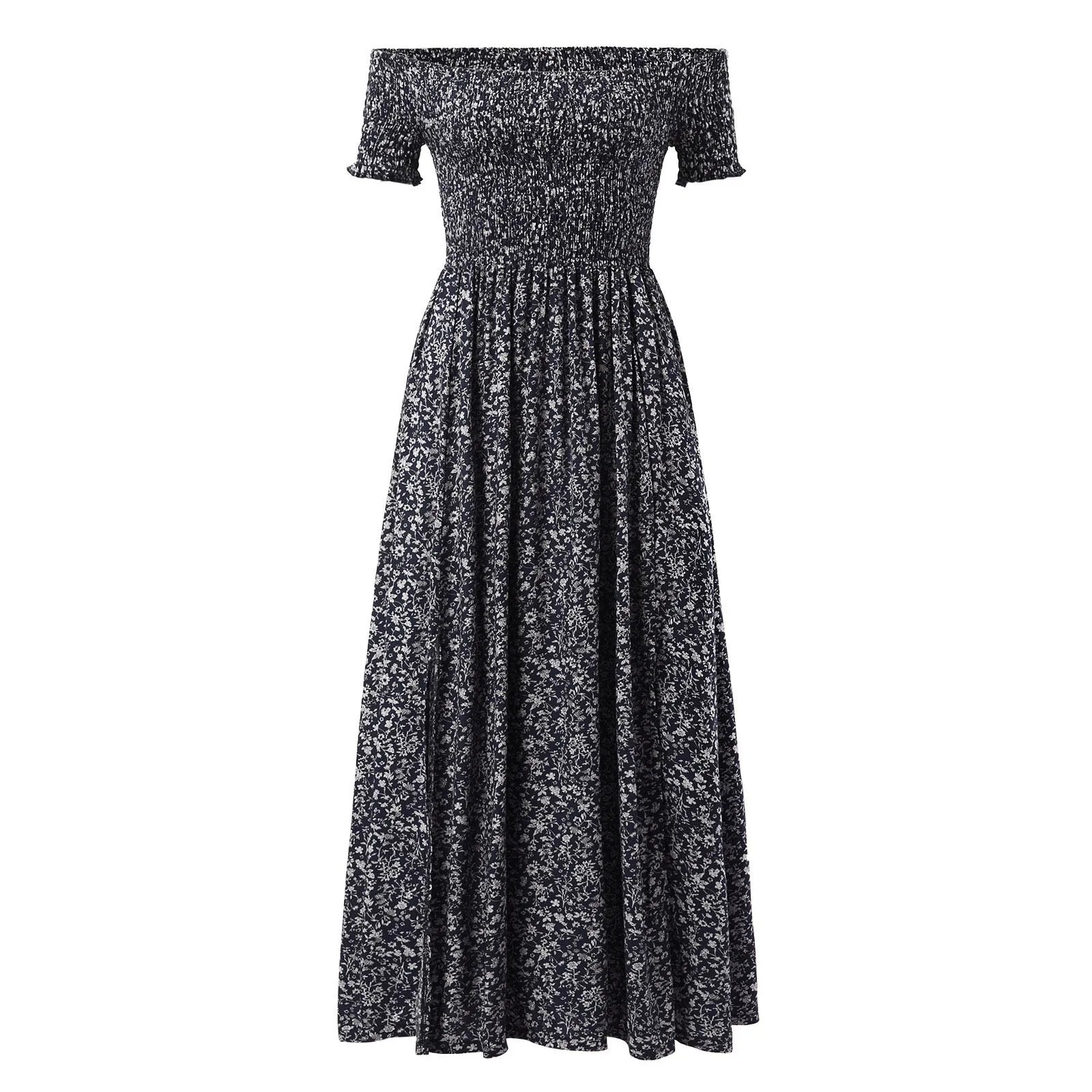 Plus Size Summer Dresses with Slash Necks, Shirred Bodice and Split Thigh Floral Dresses