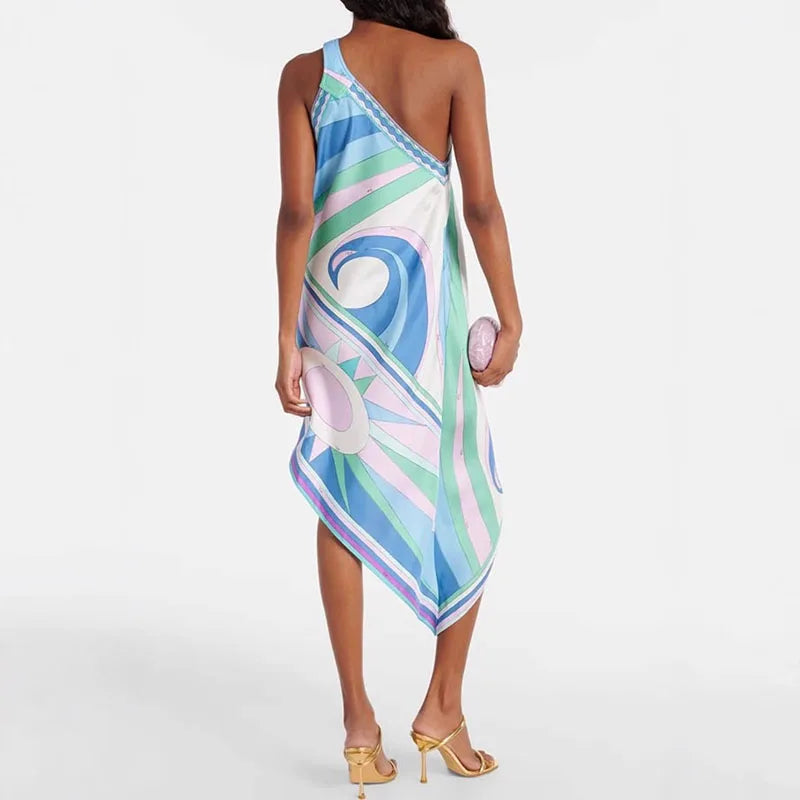 Summer Sexy Inclined Shoulder Hollow Satin Dress Woman Casual Print Loose Irregular Dress Spring Skew Collar Backless Long Dress