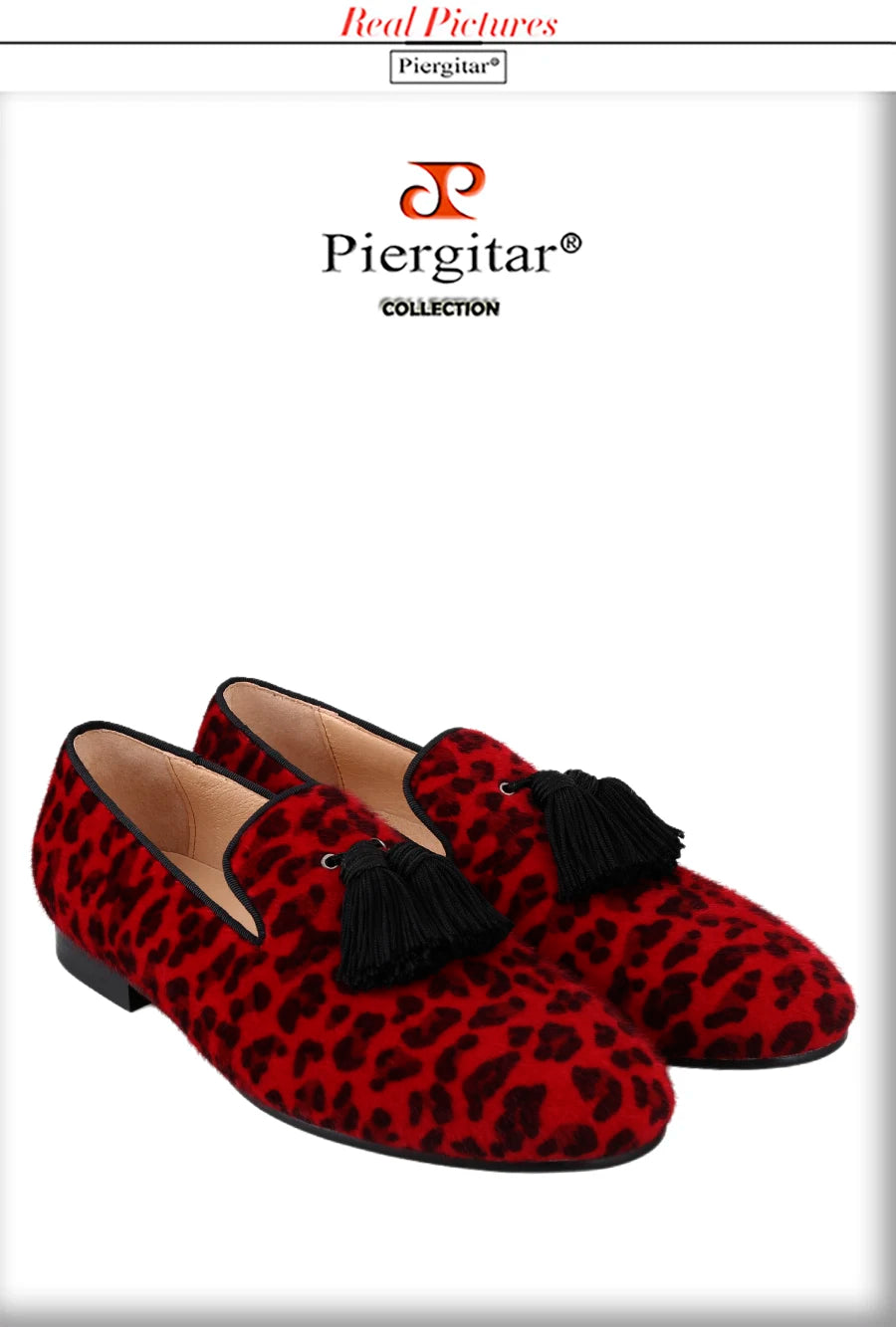 Piergitar Red And Black Animalier-Printed Superior Velvet Slippers With Handmade Silk Fringed Tassels Slip-On Men's Loafers