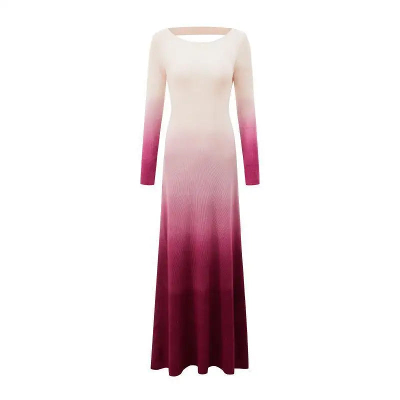 Tie-Dye Gradient Spring/Autumn Dress with Exquisite Back Cutout and Elegant Long Skirt