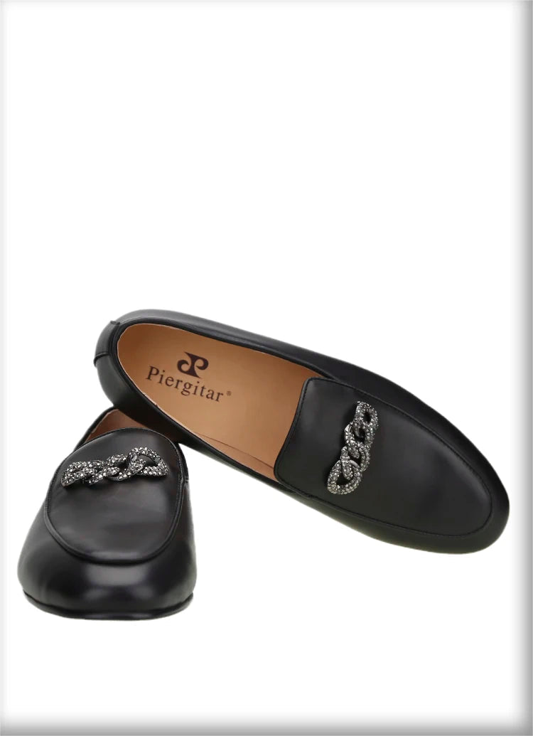 New Style Men's Loafers with Rhinestone Buckles for Weddings and Parties Handmade Genuine Leather Smoking Shoes
