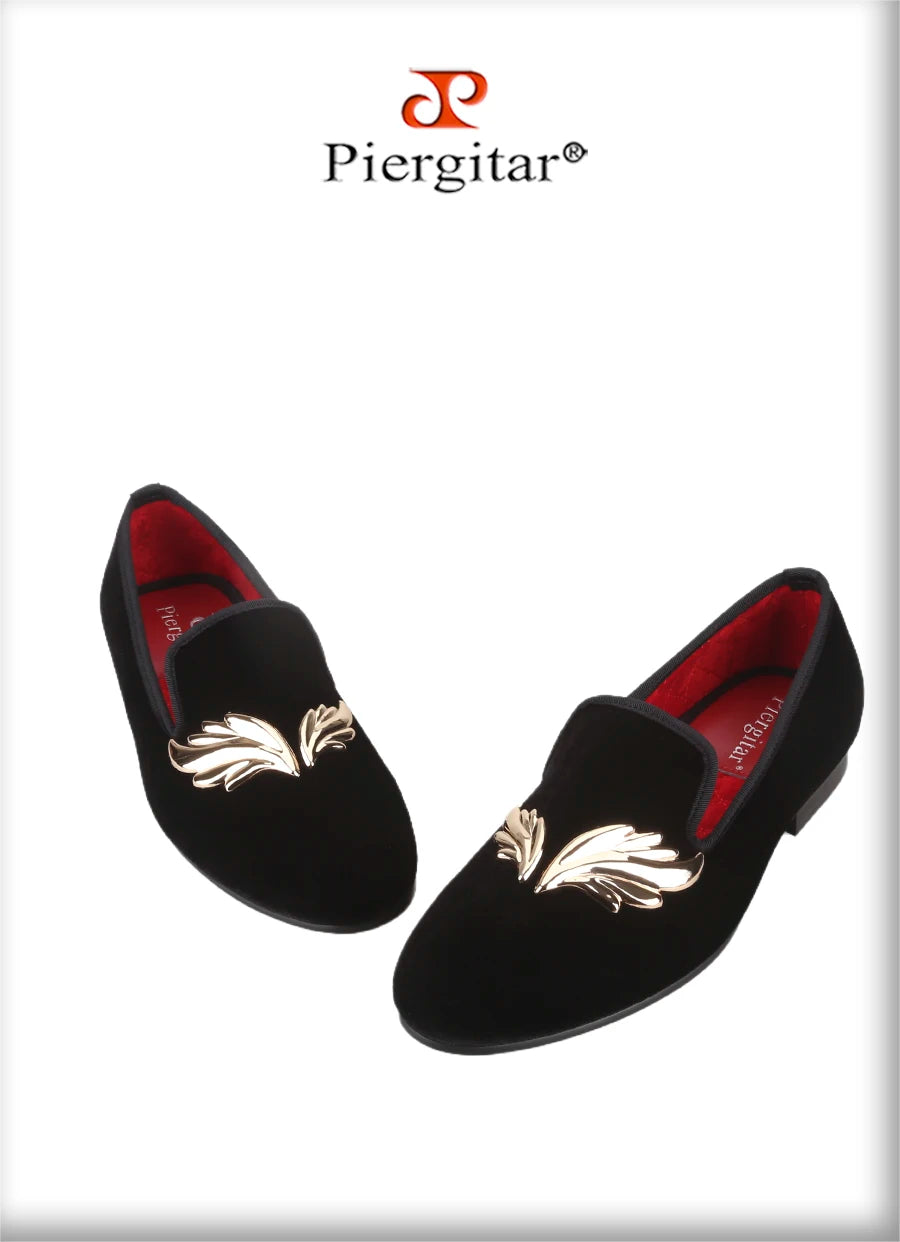 Piergitar Handcraft Black Velvet Slip-On Shoes With Gold Wings Metal Buckles For Wedding And Prom Classic Style Men's Loafers