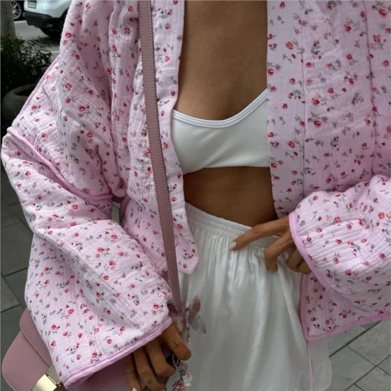 Floral Printed Women's Cardigan Cute Lace up Pink Women Coat Casual Loose Autumn Warm Coats Fashion New Ladies Coats Outerwear